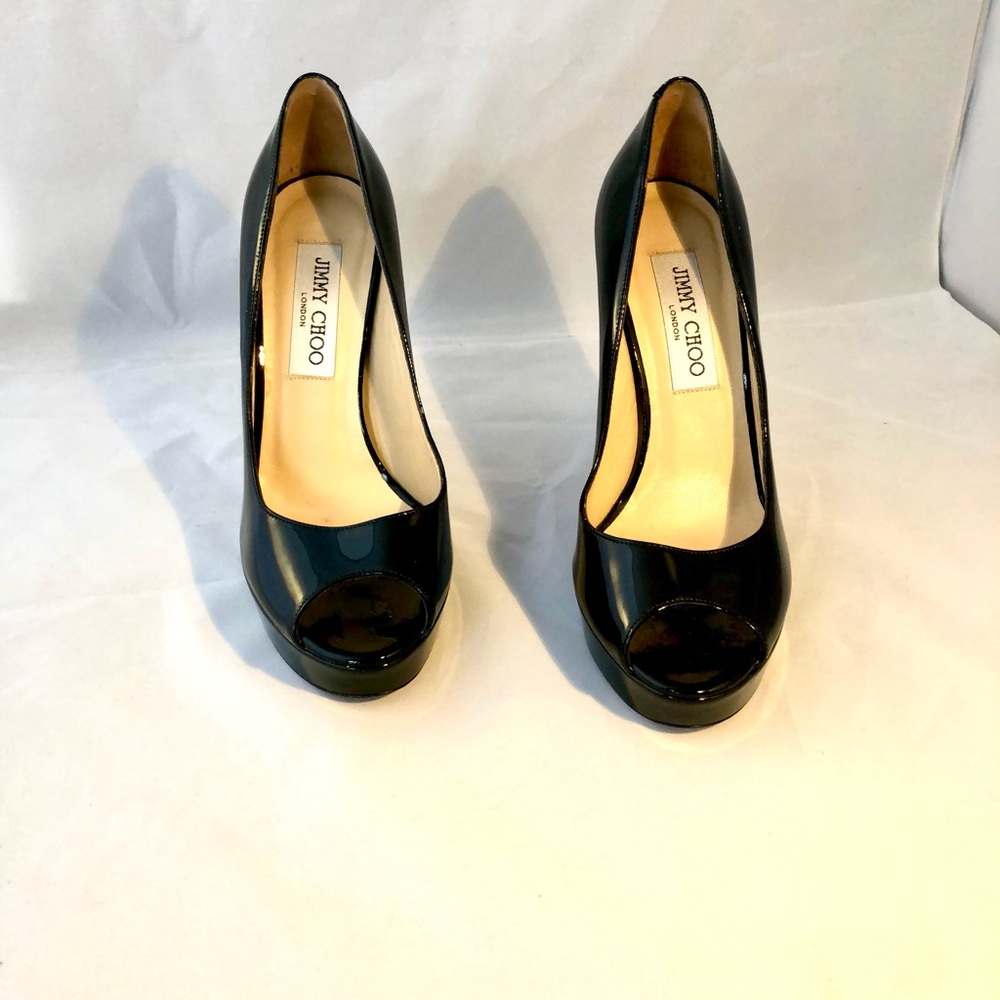 Jimmy Choo, Black, Patent Leather, Platform, Stiletto, Peep Toe Pumps Size 36.5